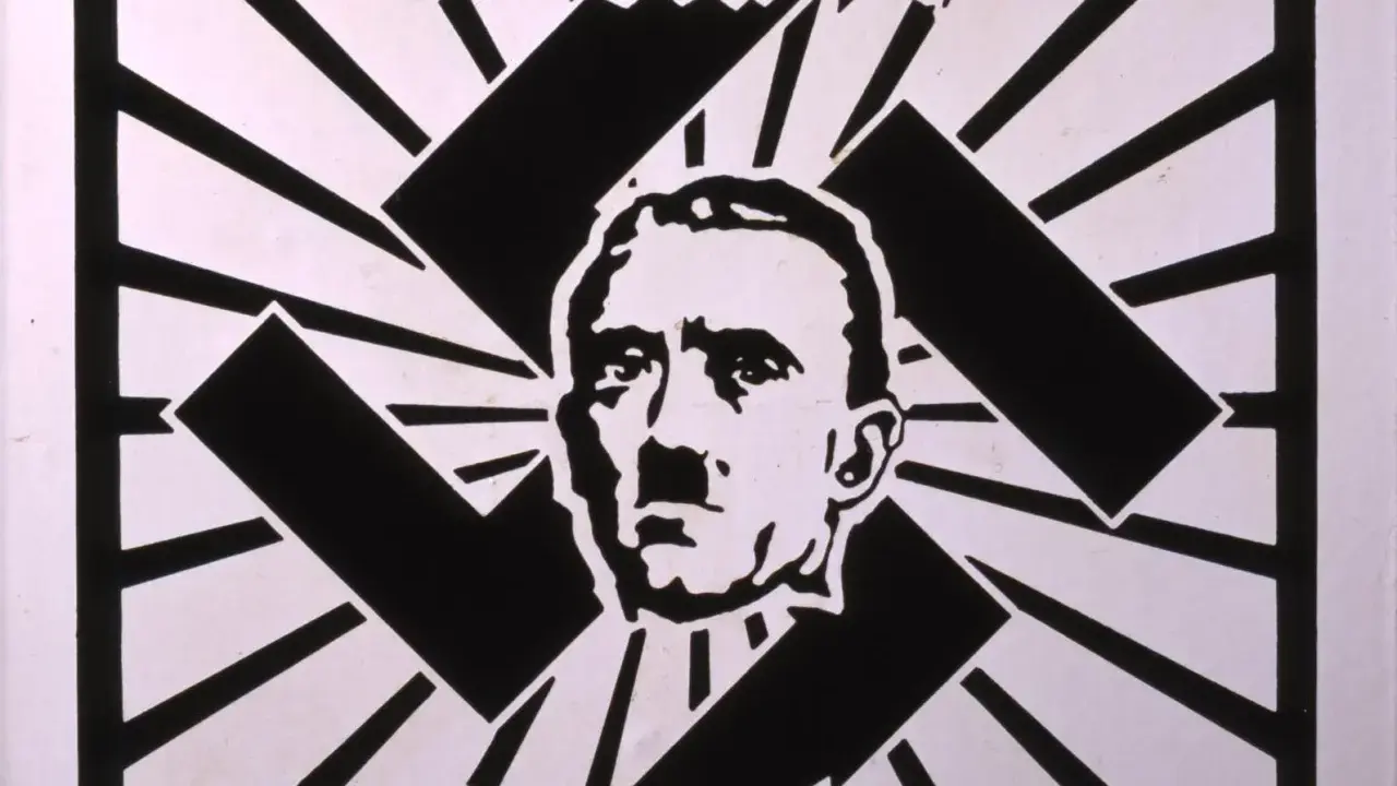 Porträt von Hitler vor einem Hakenkreuz, hart wie Kruppstahl.