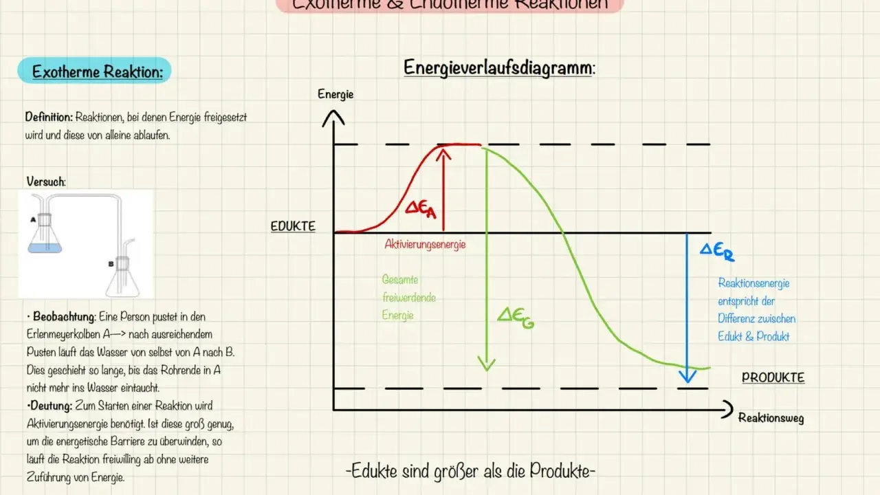 Energieverlaufsdiagramm einer exothermen Reaktion: Edukte haben mehr Energie als Produkte, die Aktivierungsenergie wird überwunden.
