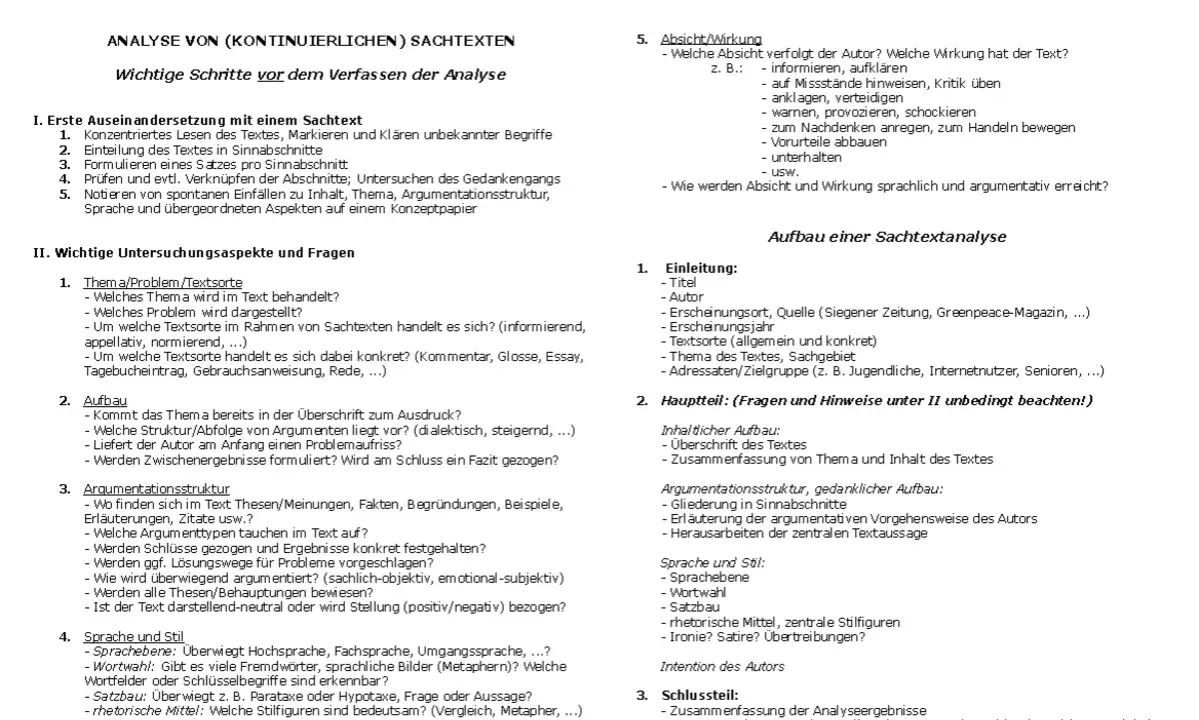 Übersicht zur **Analyse eines pragmatischen Textes**: Wichtige Schritte, Untersuchungsaspekte und Fragen zur Struktur, Argumentation, Sprache und Stil.