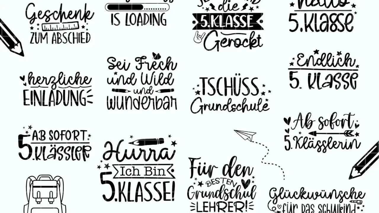 Sprüche zum Abschluss 10. Klasse: "Geschenk zum Abschied", "Abschluss is loading", "Jetzt wird die 5. Klasse gerockt", "Hallo 5. Klasse", "Endlich 5. Klasse", "Tschüss Grundschule", "Ab sofort 5. Klässler/in", "Hurra, ich bin 5. Klasse!", "Für den best...