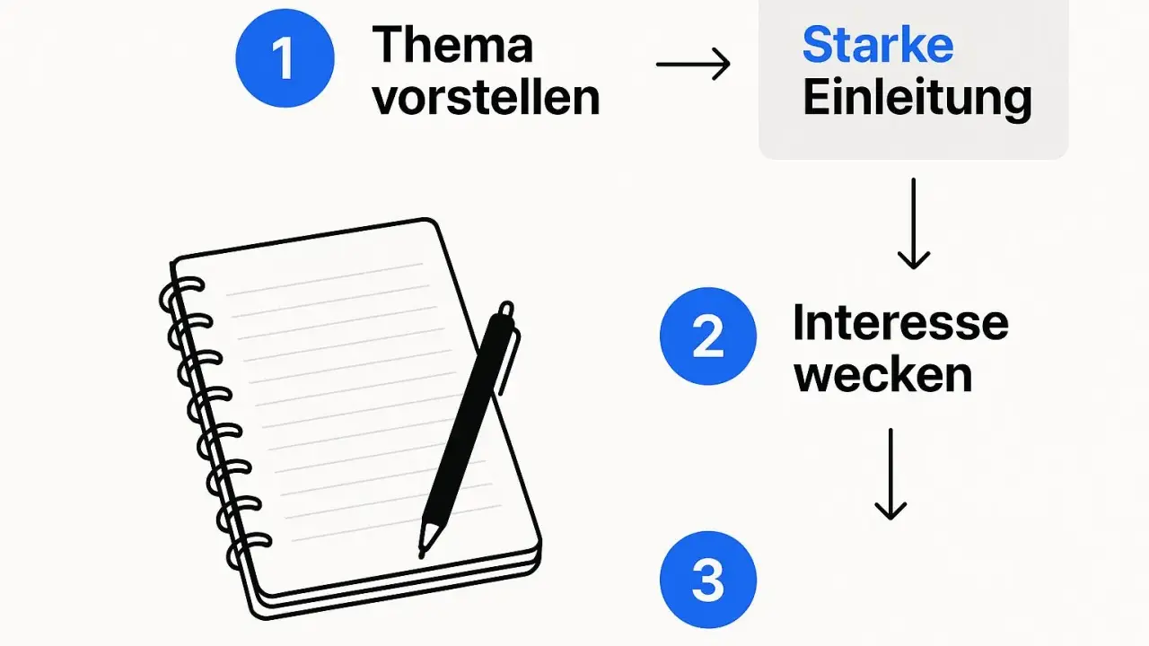 Schritt 1: Thema vorstellen für eine starke Einleitung. Ein Notizbuch mit Stift liegt bereit. Dann Interesse wecken (Schritt 2) und weiter (Schritt 3).