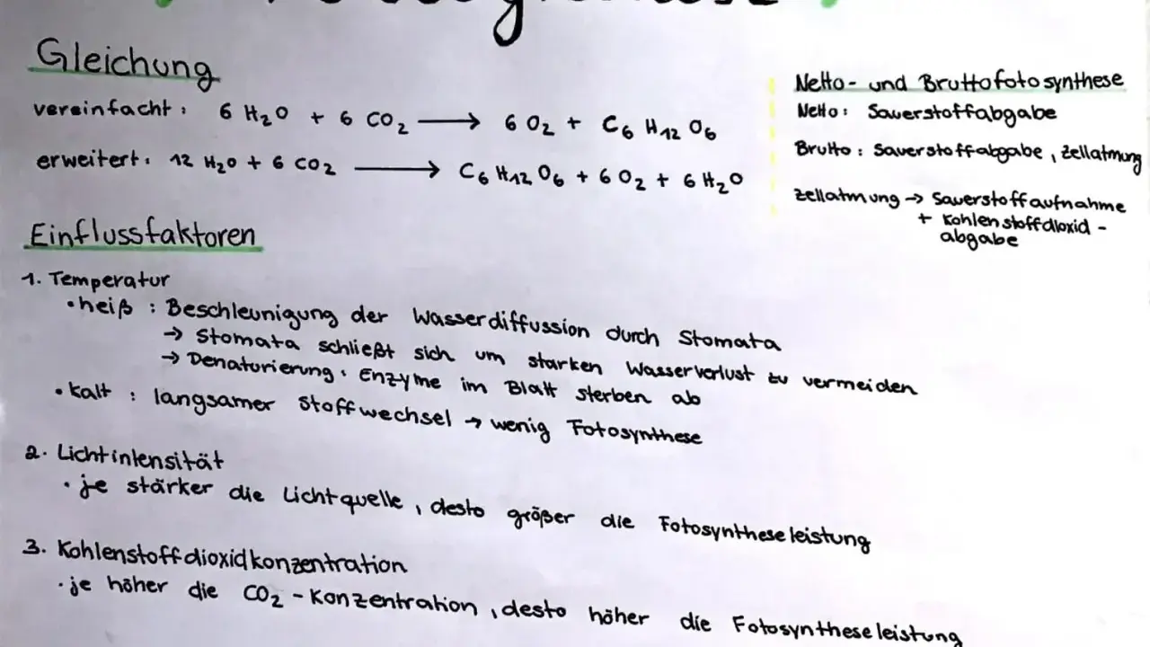 Die Fotosynthese-Gleichung wird erklärt, mit Einflussfaktoren wie Temperatur, Lichtintensität und CO2-Konzentration.