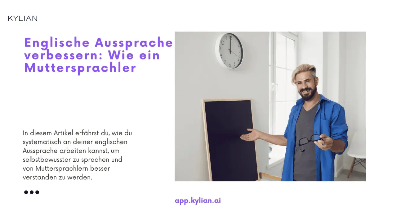 Ein Mann mit Brille und blauer Jacke erklärt vor einer Tafel, wie man die englische Aussprache verbessert, um wie ein Muttersprachler zu klingen.