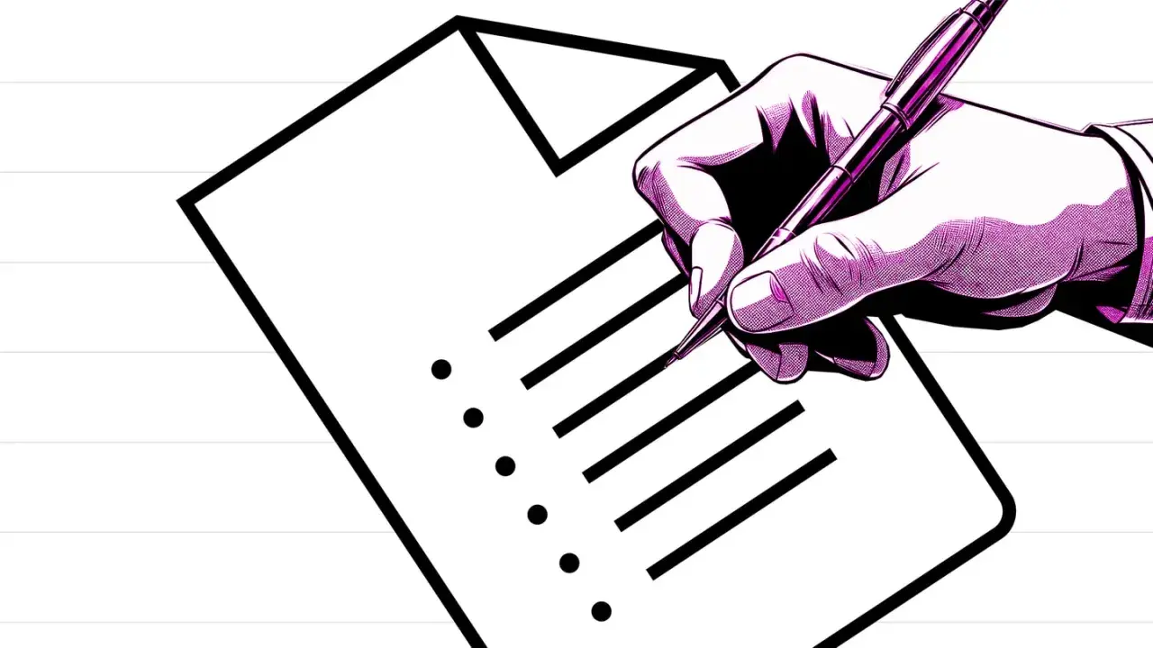 Hand mit Stift erstellt einen Schreibplan auf einem Blatt Papier mit einer Checkliste.