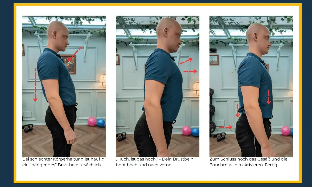 Mann korrigiert Haltung: Brustbein hoch, Bauch anspannen. Ein **growth mindset** hilft, schlechte Gewohnheiten zu überwinden und sich zu verbessern.