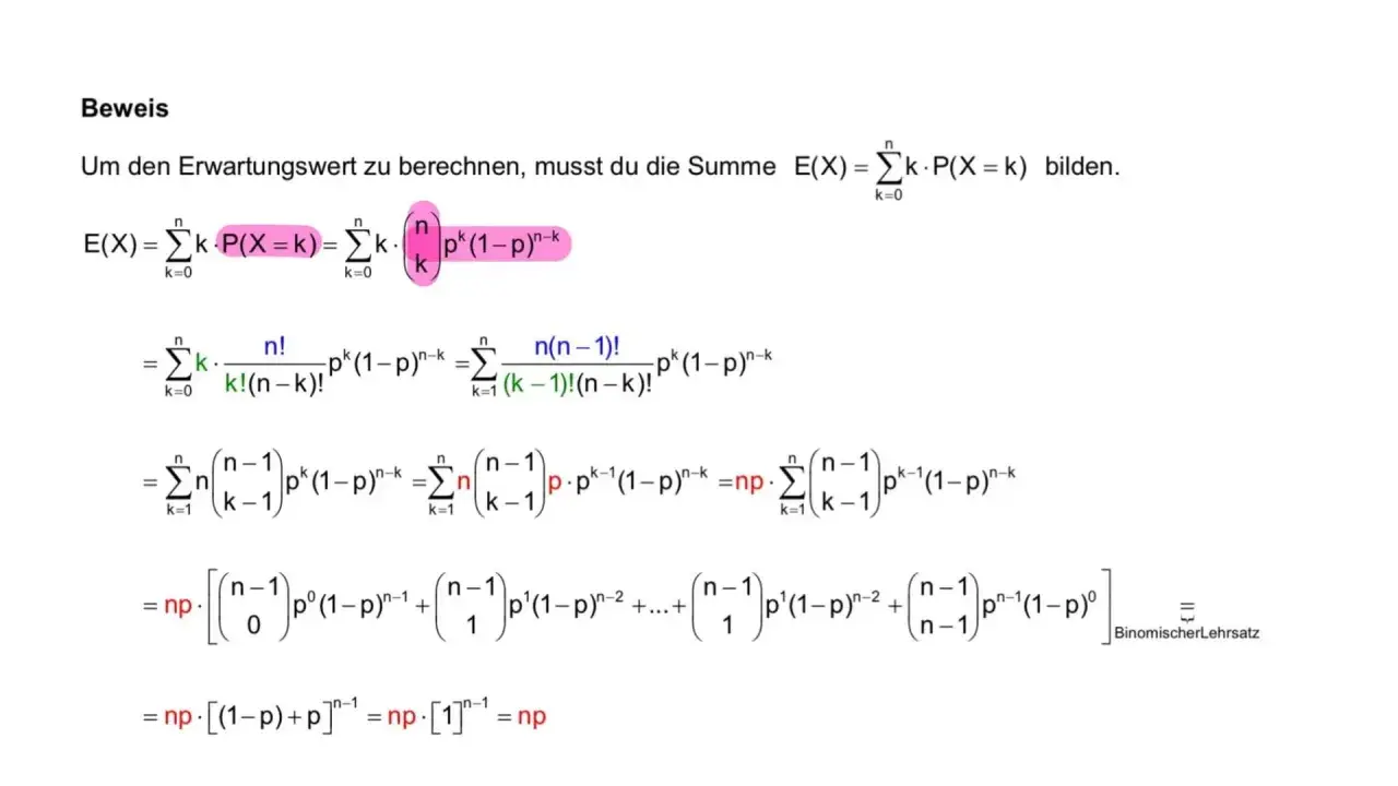 Beweis der Erwartungswert Formel: E(X) = np. Die Formel zeigt die schrittweise Berechnung des Erwartungswerts.