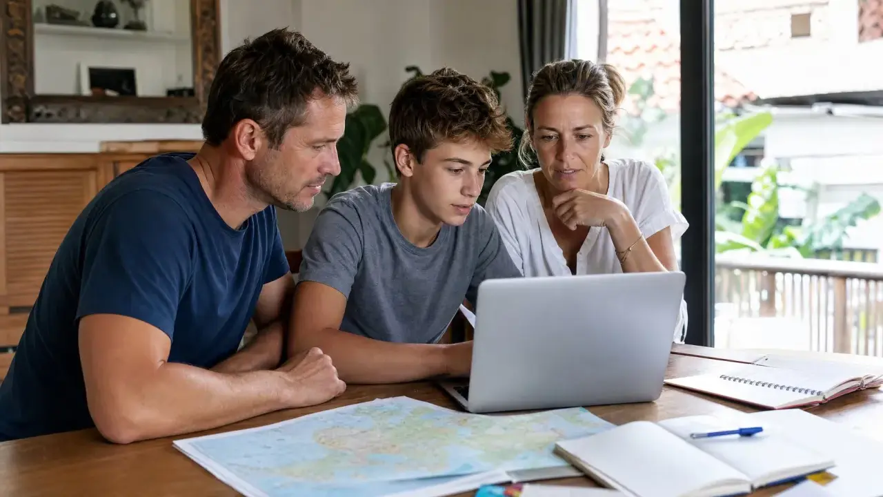 Familie plant mit Laptop und Karte. Vielleicht suchen sie nach einem Privatlehrer statt Schule in Deutschland.