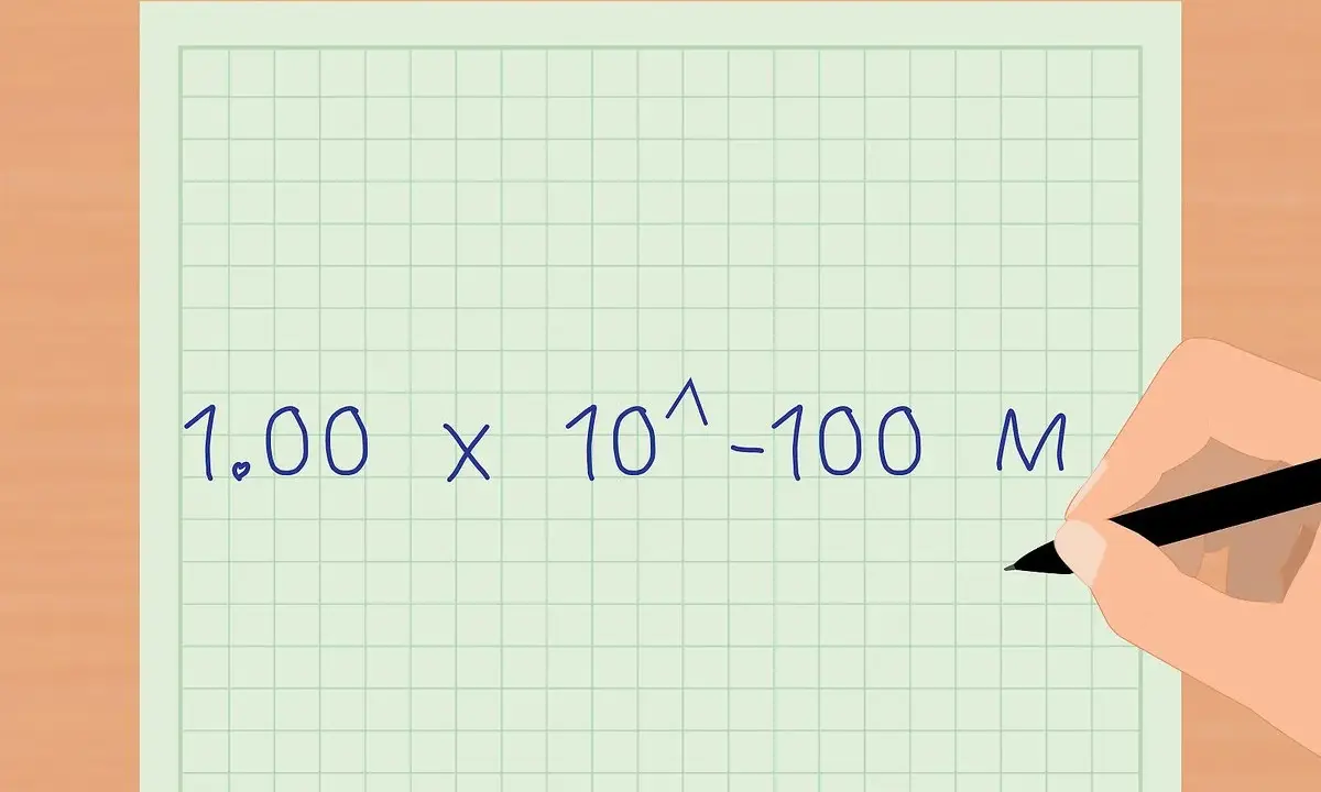 Eine Hand schreibt auf kariertem Papier: 1.00 x 10^-100 M. Dies ist ein Schritt, um den pH-Wert zu berechnen.