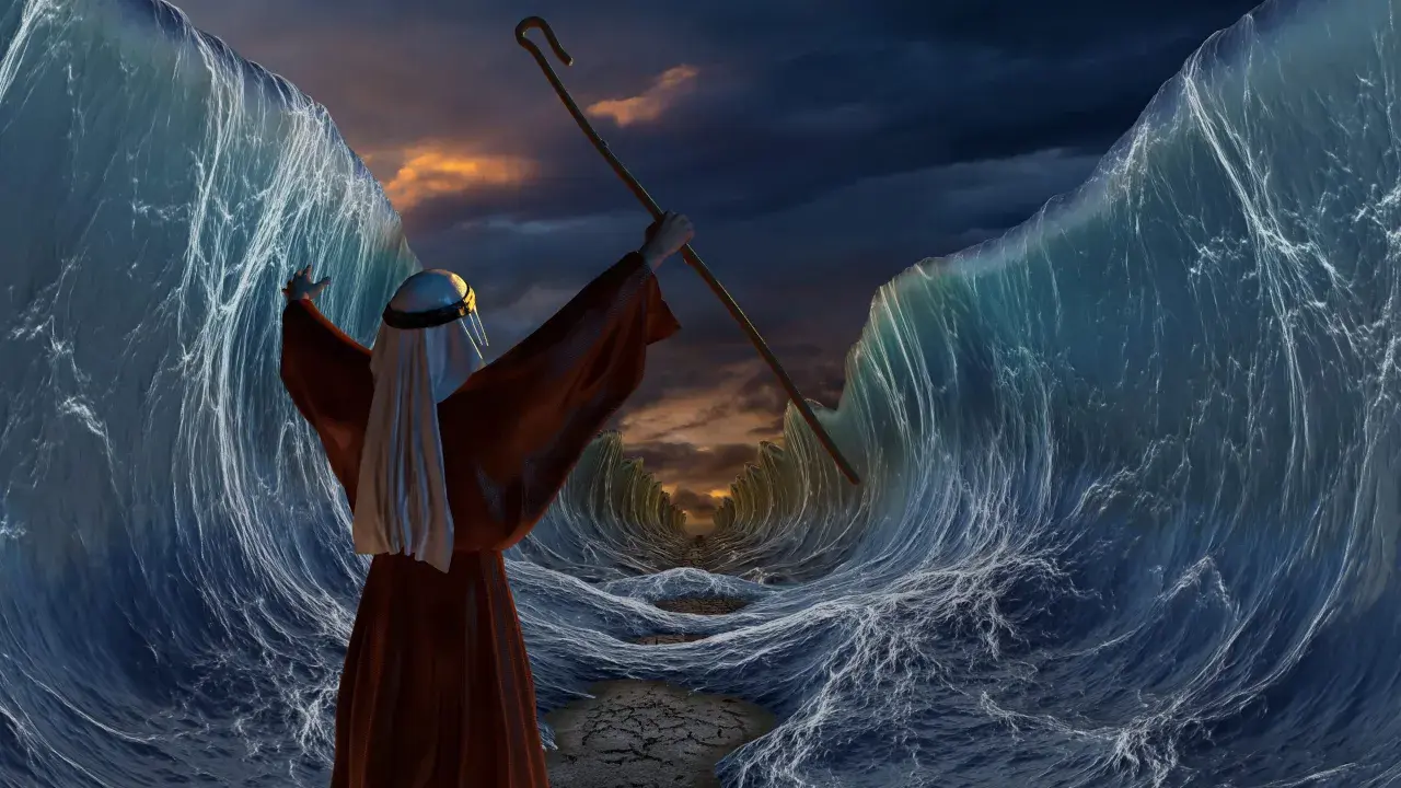 Moses teilt das Meer, um sein Volk zu retten. Die Geschichte Moses in Kurzform, ein Wunder der Natur.
