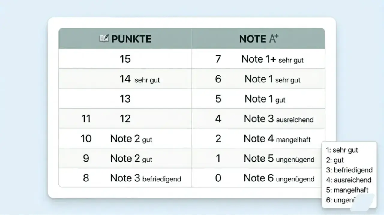 Punktesystem für Noten: 8 Punkte ergeben eine befriedigend Note 3.