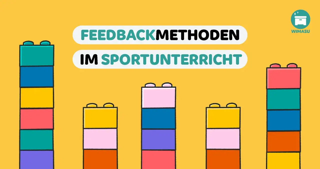 Bunte Bausteine symbolisieren verschiedene Feedbackmethoden im Sportunterricht, die helfen, Fortschritte aufzubauen.