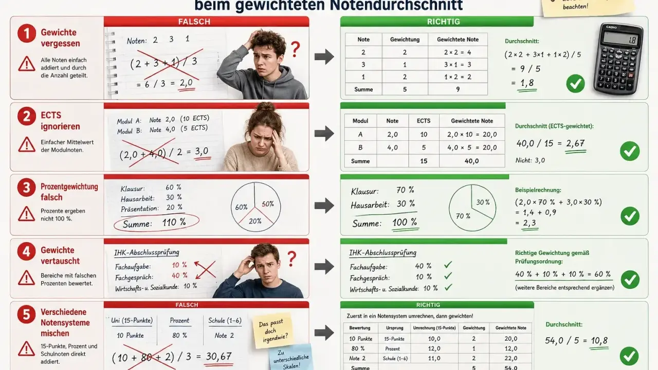 Grafik zeigt 5 häufige Fehler beim Berechnen von Noten. Lerne, wie berechnet man Noten richtig, indem man Gewichte, ECTS und Notensysteme beachtet.