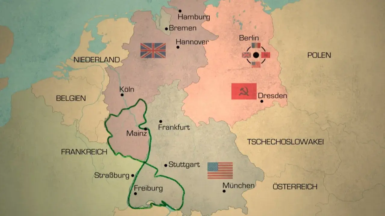Karte zeigt die Besatzungszonen Deutschlands nach dem Zweiten Weltkrieg. Berlin ist geteilt.