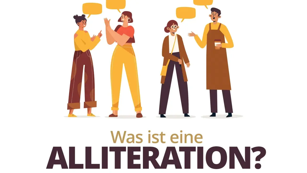 Vier Personen im Gespräch, über ihnen Sprechblasen. Die Frage "Was ist eine Alliteration?" wird gestellt, um das Konzept zu erklären.