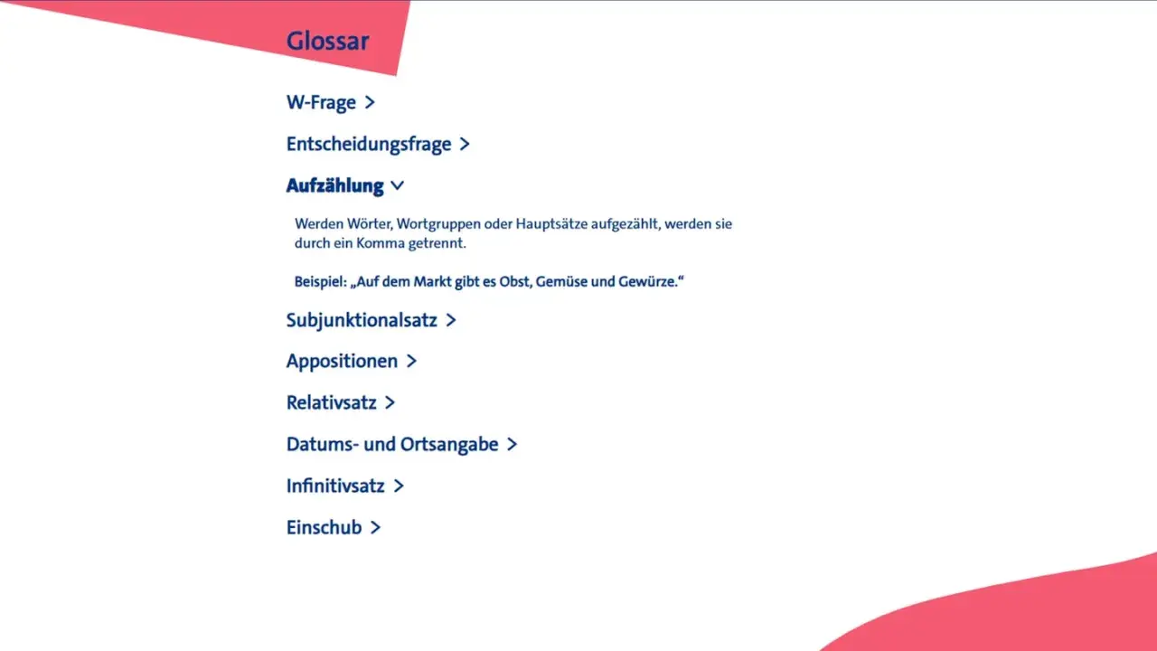 Glossar mit Liste grammatikalischer Begriffe, z.B. Aufzählung mit Beispiel.