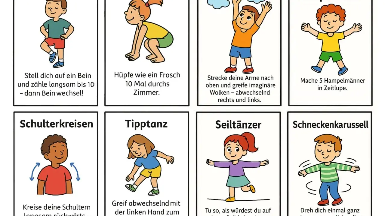 Bewegungsspiele Grundschule: Kinder üben Einbein-Star, Frosch-Hüpfer, Wolkenpflücken, Fauler Hampelmann, Schulterkreisen, Tipptanz, Seiltänzer und Schneckenkarussell.