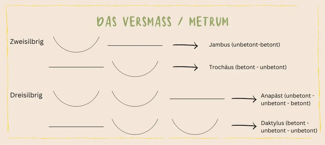 Schema zum metrum bestimmen: Zweisilbrig (Jambus, Trochäus) und Dreisilbrig (Anapäst, Daktylus) mit Betonungsmustern.