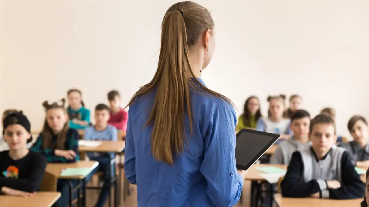 Lehrerin mit Tablet vor Schülern. Die Frage "wie viel verdient ein lehrer" beschäftigt viele.
