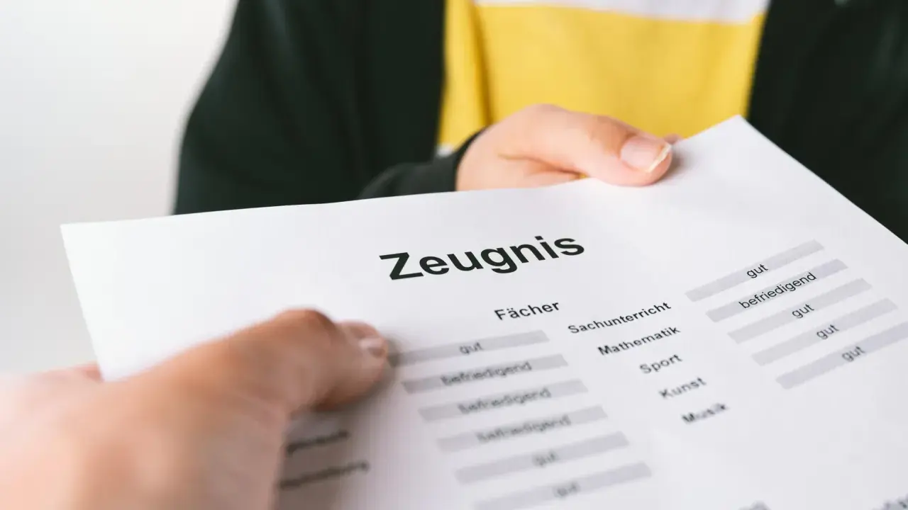 Ein Zeugnis wird überreicht. Die Noten sind gemischt, von "gut" bis "befriedigend", aber keine "ungenügend" Note.