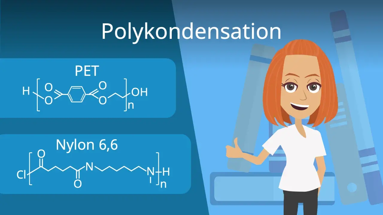 Chemische Formeln für PET und Nylon 6,6, die Beispiele für Polymerisation sind, mit einer lächelnden Frau im Hintergrund.