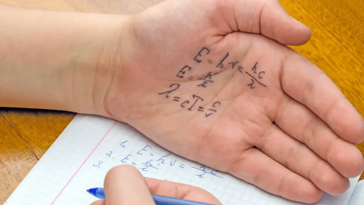 Formeln auf der Handfläche, um in der Schule zu spicken. Ein Schüler schreibt physikalische Gleichungen auf seine Hand, während er in sein Heft schaut.