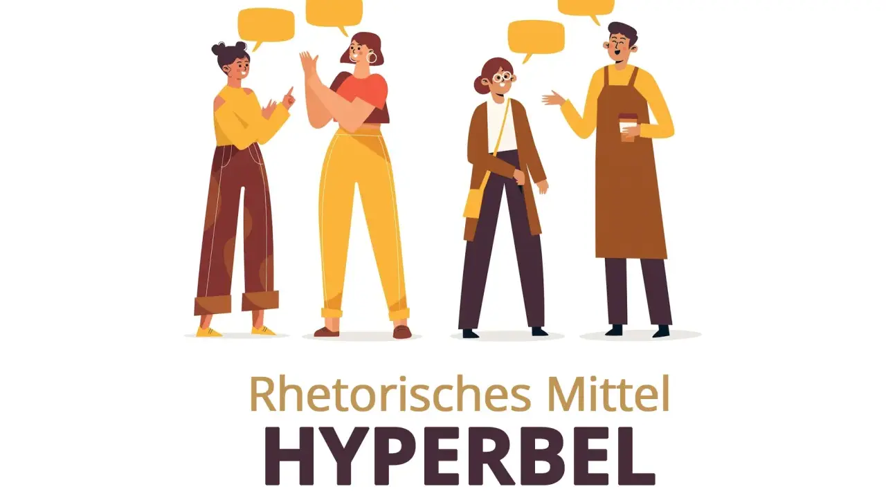 Vier Personen im Gespräch, die mit gelben Sprechblasen ihre Worte darstellen. Das Bild illustriert das rhetorische Stilmittel Hyperbel.
