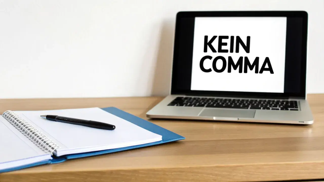 Ein Laptop zeigt "KEIN COMMA", während daneben ein Notizbuch mit Stift liegt.