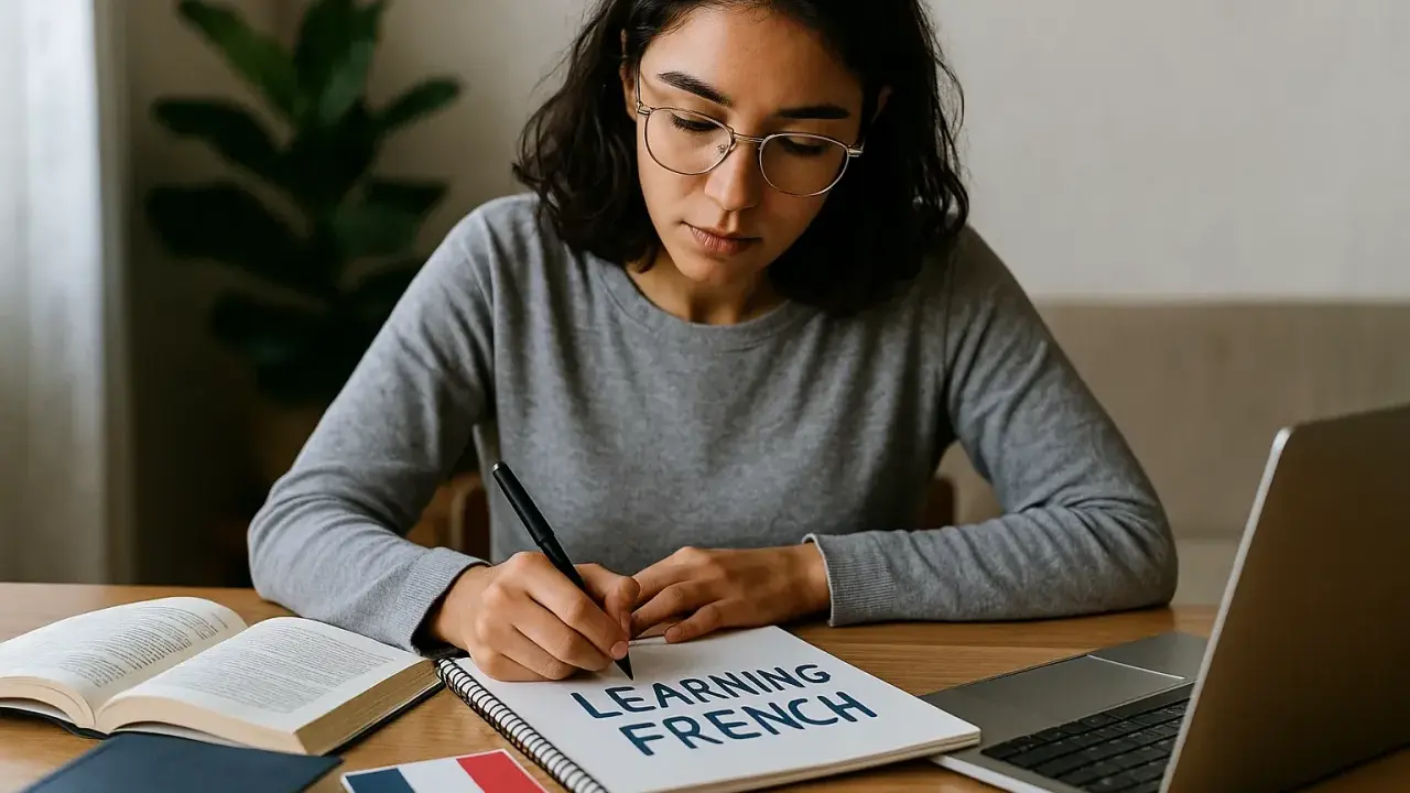 Eine junge Frau lernt nach und nach französisch. Drei Wörter stehen auf ihrem Notizbuch: "Learning French".