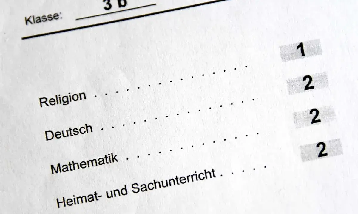 Zeugnis der Klasse 3b mit Noten für Religion (1), Deutsch (2), Mathematik (2) und Heimat- und Sachunterricht (2). Der **Erwartungshorizont** für die nächste Klasse ist hoch.