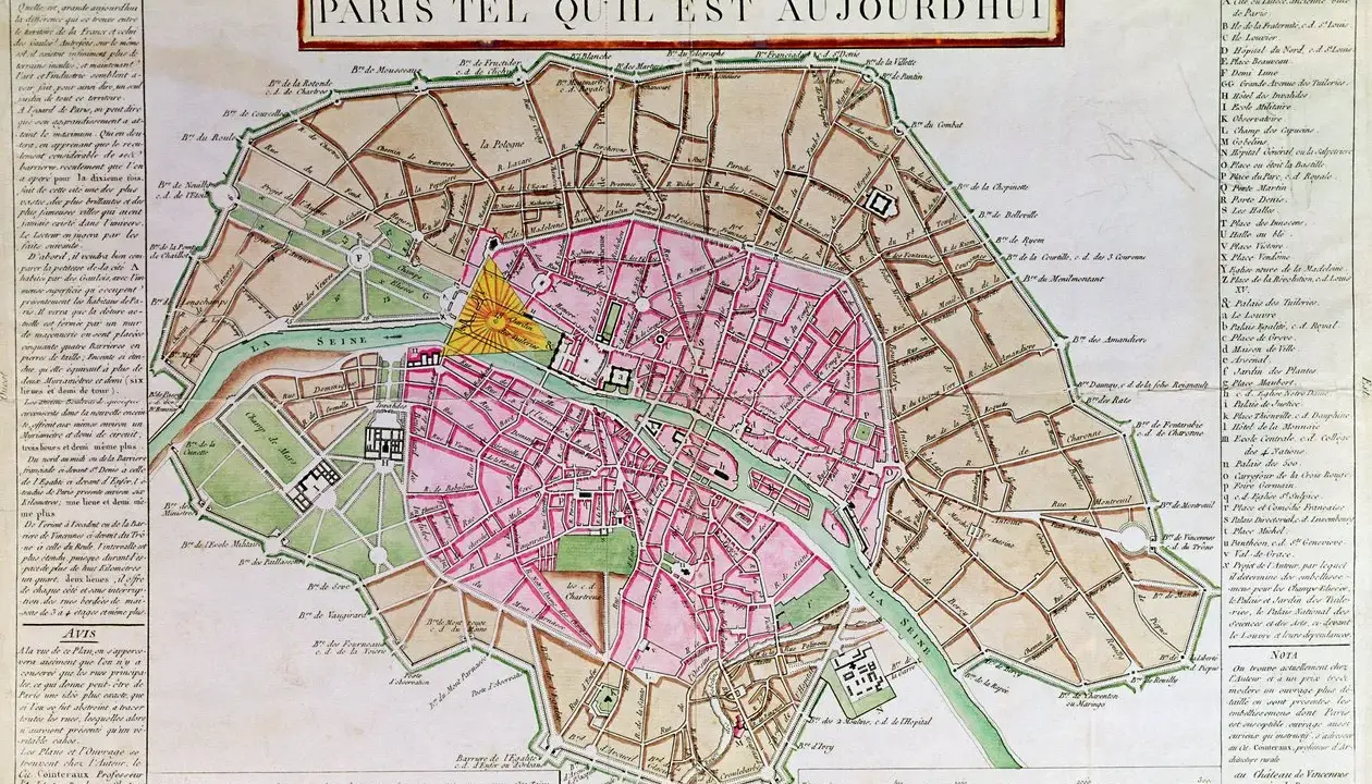 Alte Karte von Paris, welche die Stadt im heutigen Zustand zeigt. Ein gelber Bereich hebt einen Teil der Stadt hervor, dessen genaue Bedeutung unklar ist, aber er ist ein zentraler Punkt auf der Karte.