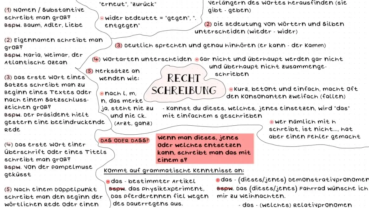 Die Grafik erklärt die Rechtschreibung, z.B. die Wortbedeutung von "wieder" und "wider" und wann man "das" oder "dass" schreibt.