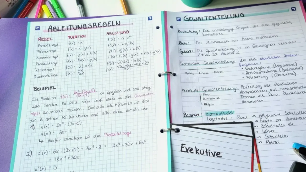 Ein Spickzettel mit Mathe-Formeln zur Ableitung und zum Thema Gewaltenteilung.
