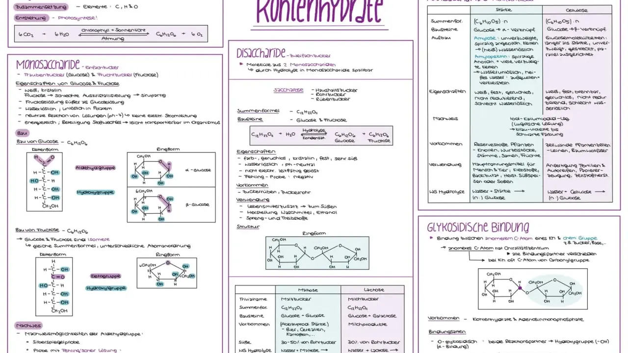 Kohlenhydrate: Monosaccharide wie Glucose und Fructose sind einfache Zucker. Diese Saccharide sind Bausteine für komplexere Kohlenhydrate.