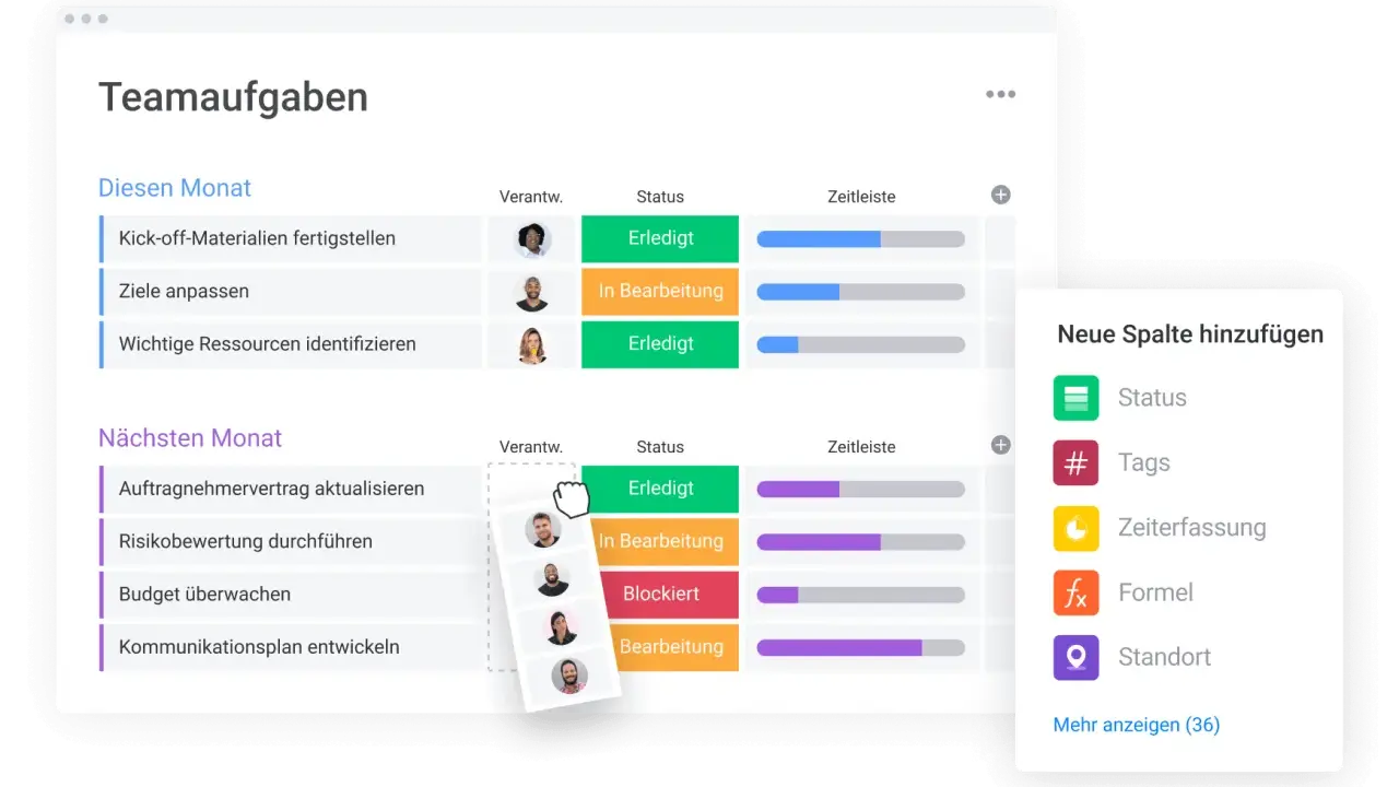 Projektunterricht: Teamaufgaben für diesen und nächsten Monat, mit Status und Zeitleisten. Neue Spalten können hinzugefügt werden.