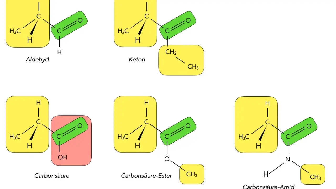 Chemische Strukturen: Aldehyd, Keton, Carbonsäure, Ester und Amid. Die zentrale Carbonylgruppe ist in verschiedenen Molekülen hervorgehoben.