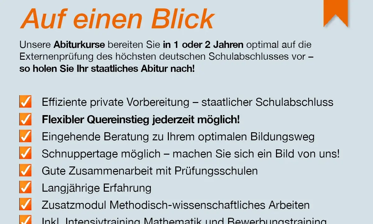 Online Abitur: Flexibler Quereinstieg, staatlicher Schulabschluss in 1-2 Jahren. Intensive Vorbereitung, Beratung, Erfahrung.