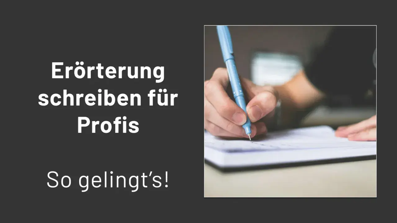 Eine Hand schreibt mit einem blauen Stift auf Papier. Ein gutes **Erörterung Beispiel** für Profis.