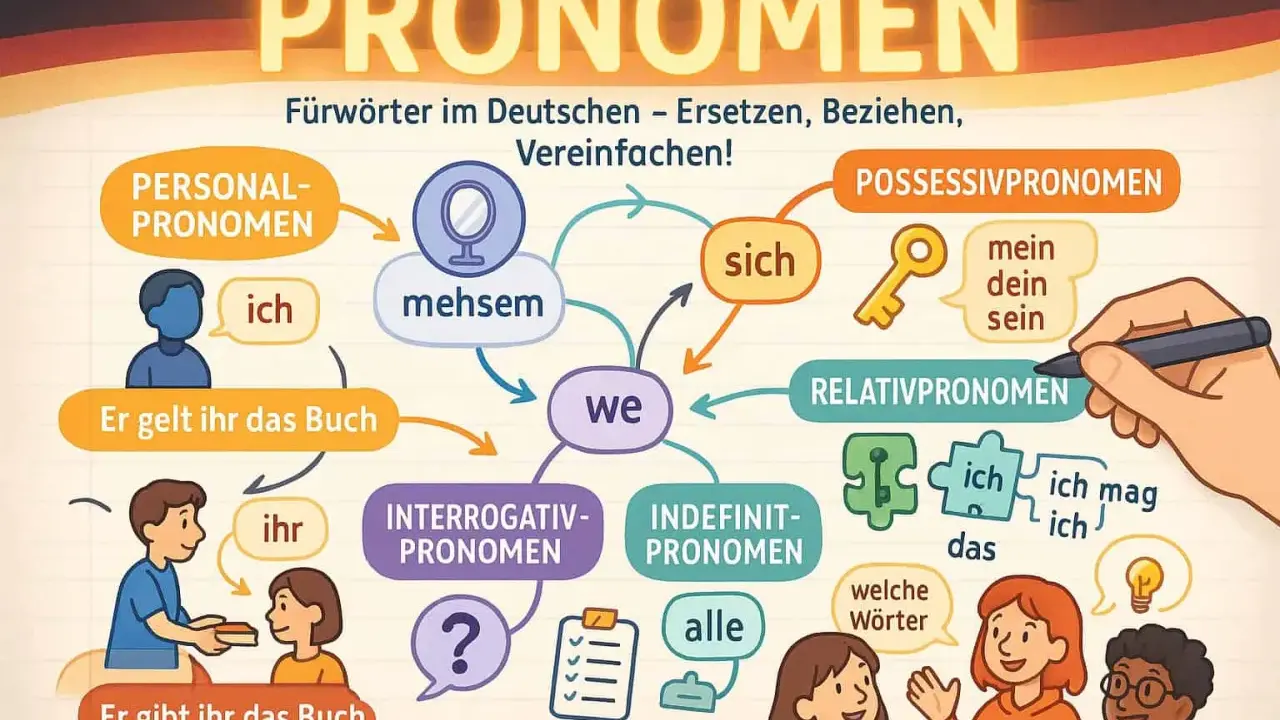 Grafik erklärt die **Pronomen**-Definition im Deutschen. Verschiedene Arten wie Personal-, Possessiv- und Relativpronomen werden mit Beispielen dargestellt.