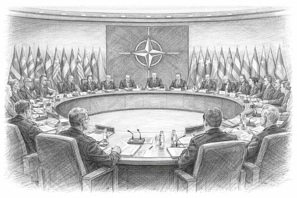 Eine Gruppe von Staatsmännern sitzt an einem runden Tisch, umgeben von Flaggen, und diskutiert über die Zukunft, vielleicht über die Abwehr von **Imperialismus**.