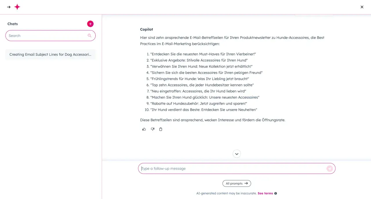 KI-Copilot schlägt zehn E-Mail-Betreffzeilen für Hunde-Accessoires vor, um die Öffnungsrate zu steigern.
