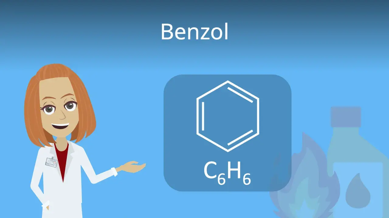 Eine Wissenschaftlerin erklärt die chemische Formel C₆H₆ für Benzol, daneben eine Flamme und eine Flasche.