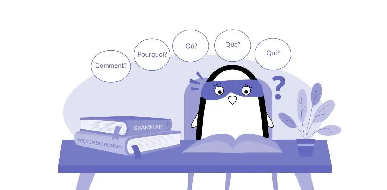 Ein Pinguin lernt Französisch. Er ist verwirrt über die inversionsfrage französisch, wie "Comment?", "Pourquoi?", "Où?", "Que?" und "Qui?".