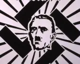 Porträt von Hitler vor einem Hakenkreuz, hart wie Kruppstahl.
