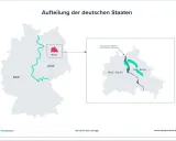 Karte zeigt die Teilung Deutschlands in BRD und DDR, mit Berlin als geteilter Stadt, die von der ehemaligen Mauer durchzogen ist.