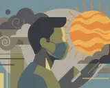 Maskierter Mann blickt auf Sonne und Wolken. Die Umweltverschmutzung könnte mutagene Effekte haben.