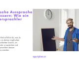 Ein Mann mit Brille und blauer Jacke erklärt vor einer Tafel, wie man die englische Aussprache verbessert, um wie ein Muttersprachler zu klingen.