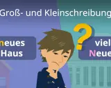 Ein Junge grübelt über Groß- und Kleinschreibung. "neues Haus" oder "viel Neues"? Alles Gute, groß oder klein, ist hier die Frage.