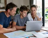 Familie plant mit Laptop und Karte. Vielleicht suchen sie nach einem Privatlehrer statt Schule in Deutschland.