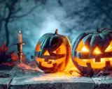 Zwei gruselige Kürbisse leuchten im Nebel, umgeben von Kerzen und Herbstlaub. Die wahre Bedeutung von Halloween liegt in dieser unheimlichen Atmosphäre.