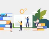 Menschen lernen und arbeiten mit Büchern und Laptops. Zahnräder und Blätter deuten auf stilistische Geräte im Lernprozess hin.